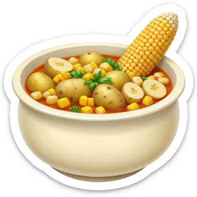 emoji of ajiaco soup bowl with visible potatoes, corn cob, and chicken, classic emoji style, vibrant colors sticker