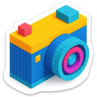 classic design camera in voxel style, isometric view sticker
