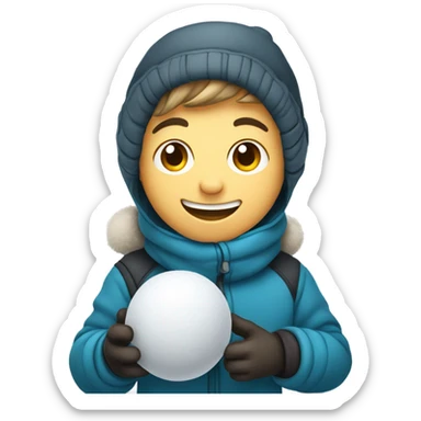 smiling boy in winter gear holding a snowball sticker