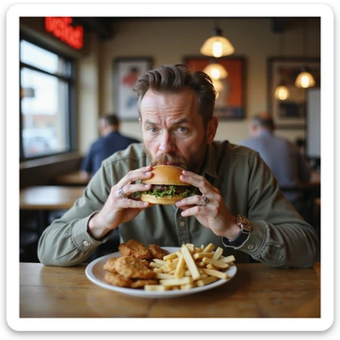 Uomo che mangia spesso fuori casa: seduto in un fast food con hamburger, patatine e bibita, espressione abitudinaria, dettagli 4K, testo in italiano: 'Pranzo veloce fuori casa'. sticker