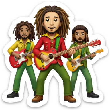 Icon for Reggae Music: Bob Marley with his guitar, surrounded by his band, The Wailers. The design should capture the laid-back, rhythmic vibe of reggae, with iconic dreadlocks and vibrant colors (red, yellow, green). Transparent background. sticker