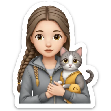 a white girl with long brunette hair in braid that is over her shoulder. shes holding a grey cat. the girl has long lashes and has on a grey zip up that is half way zipped  and under a white shirt and gold jewelry that is gold bracelets. sticker