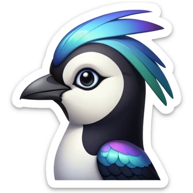 Cinematic Noble Magpie Portrait Emoji, Poised and sleek, with striking, iridescent black and white plumage, a sharp, inquisitive beak, and intense, observant eyes, Simplified yet sharp and sophisticated features, highly detailed, glowing with a soft, urban gleam, high shine, intelligent and graceful, stylized with an air of mischievous charm, focused and alert, soft glowing outline, capturing the essence of a watchful and confident magpie that appears ready to dart out of the screen with effortless authority! sticker