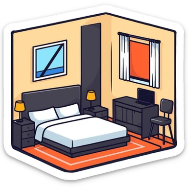 Cozy hotel room with bed and window sticker