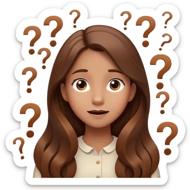 Happy Confused girl with long brown hair surrounded by floating question marks elegant cute  sticker