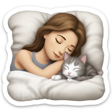 sleeping girl brown hair laying next to white and gray cat sticker