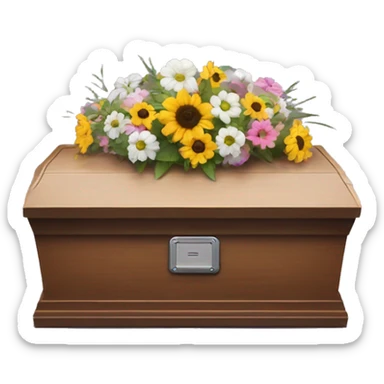 a Roomba positioned in a tiny casket with flowers and RIP tombstone  sticker