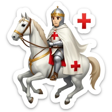 A knight templar on a horse. Wearing a white tunic with a Red Cross on the front. Wearing a white cloak with a Red Cross on the left front side. sticker