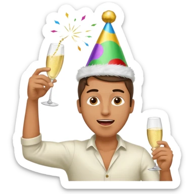 An energetic man throws his head back, drinking champagne loudly as the New Year begins. sticker