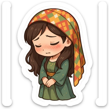 Kurdish sticker, cartoon style, Kurdish man or woman in jamadani, embarrassed or shy, blushing, looking down, no text sticker