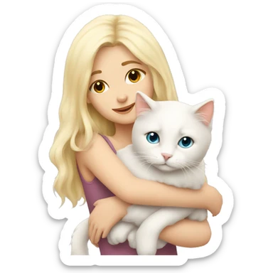 Blonde girl snuggling fluffy white cat sticker