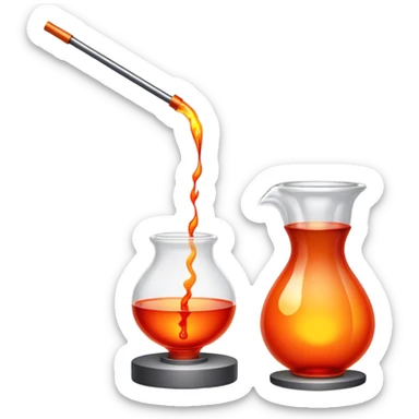 Glassblowing and casting icon, molten glass being shaped into a delicate object with a blowpipe, glowing red-hot glass being poured into a mold, unfinished glass sculpture, minimalistic style, clean lines, transparent background. sticker