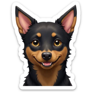 Cinematic Comical Black and Tan Kelpie Portrait Emoji, Head tilted dramatically with an exaggeratedly amused expression, featuring a striking black Fur with bold tan patches, wide, expressive dark eyes filled with playful disbelief, Simplified yet hilariously expressive features, highly detailed, glowing with a slightly sassy glow, high shine, dramatic yet playful, stylized with an air of cheeky mischief, bright and endearing, soft glowing outline, capturing the essence of a spirited and over-the-top herder, so meme-worthy it feels like it could side-eye its way into internet fame instantly! sticker