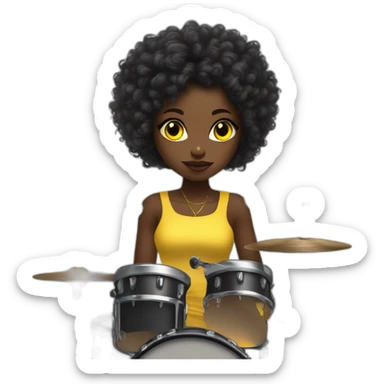 cute punk girl in yellow dress dark skin with yellow eyes and dark curvy hairs plays on drums sticker