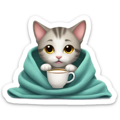 A kitten in a warm blanket is drinking tea sticker