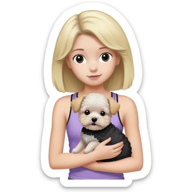 Blonde haired teenager wearing light purple tank top holding a Black and white and gray poochon dog  sticker