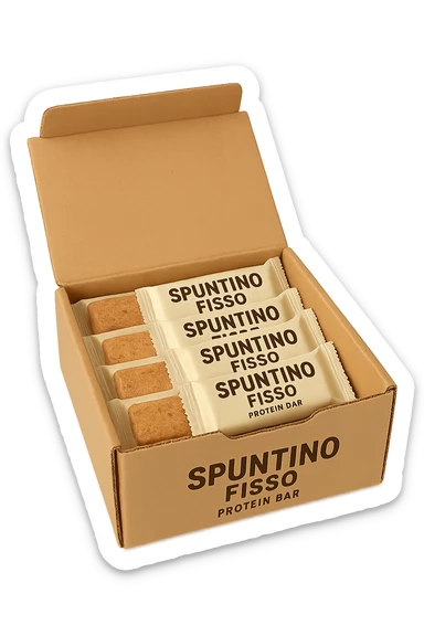 scatola aperta piena di barrette proteiche, con la scritta "SPUNTINO FISSO" SULLA CONFEZIONE in italiano,  realistici sticker