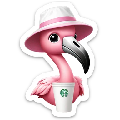 baby flamingo wearing a pink and white bucket hat drinking starbucks  sticker