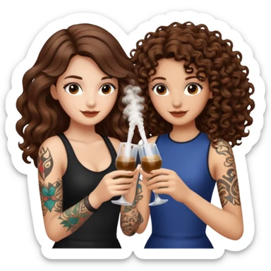 vial cheers — long wavy brown hair tattooed woman and short tight curly brown hair woman — clink potions sticker