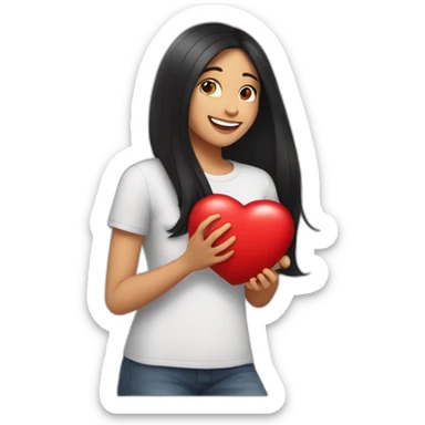  20-year-old woman with long black hair, wearing a formal t-shirt, smiling and hugging a red heart sticker