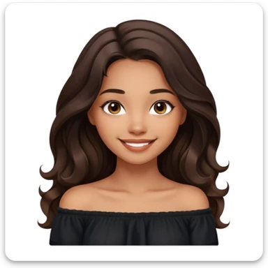 modern clean emoji of a young woman with medium skin tone, long wavy dark brown hair, wearing a black off-shoulder top, smiling softly, expressive eyes, hint of warmth, contemporary inviting style, soft gradient background sticker