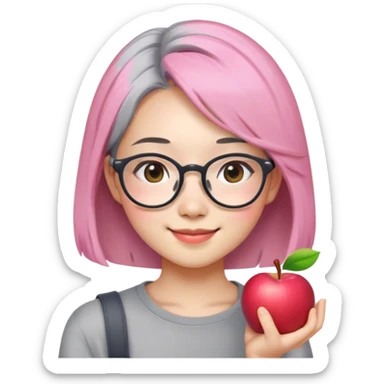women with long shoulder hair, the color is pink combination gray, white skin, use glasses, have an apple cheek, have asian smile, cute, the age is 20 years old. sticker