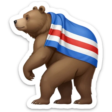 Medium brown bear on all four legs with Russian flag (white, blue, red horizontal stripes) draped over its back, minimalist style, side view sticker