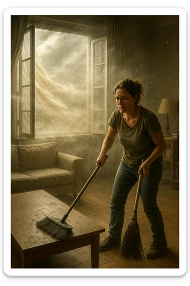 A realistic, cinematic image of a person cleaning a living room with a mop and broom, windows wide open letting in a strong gust of wind. Through the open windows, thick clouds of dust, pollen, and small debris visibly swirl into the room, floating in sunbeams that highlight the particles in the air. The person looks frustrated and tired, mid-action sweeping but clearly battling the incoming dust. Around the room, some furniture and surfaces already show a thin layer of dust settling. The scene is bathed in natural daylight with a slightly hazy atmosphere due to the airborne dust. The color palette uses warm, muted tones emphasizing the contrast between cleanliness efforts and the stubborn dirt and dust invading the space. The focus is on the tension between trying to clean and the unavoidable mess coming in from outside. sticker