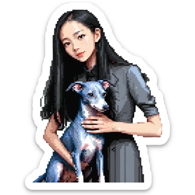 Slim Chinese girl with long black hair petting completely solid grey Italian greyhound with absolutely no white markings anywhere sticker