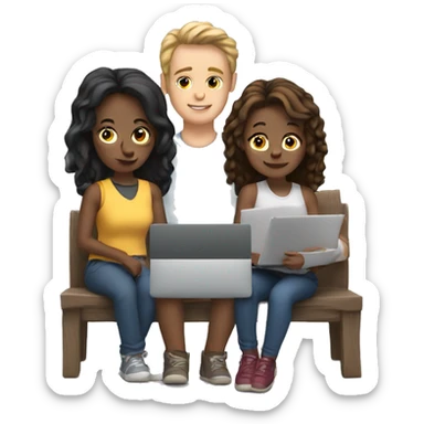 2 girl and 3 man each of them holding laptop and sit together  sticker
