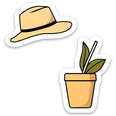 beige aesthetic coffee cup, journal, plant pot, and straw hat sticker