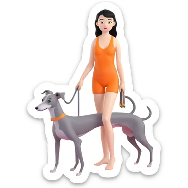 Slim Chinese woman with long black hair in appropriate beach attire at the beach with her completely solid grey Italian greyhound, ocean and sand visible, the dog has absolutely no white markings anywhere sticker