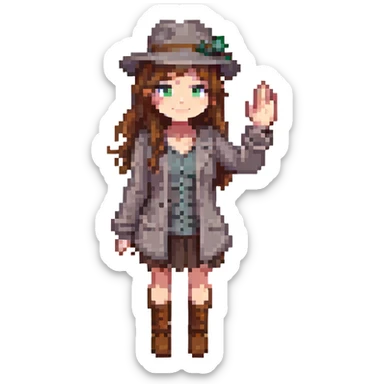 pixel art, girl with brown hair, grey fedora, waving hand sticker