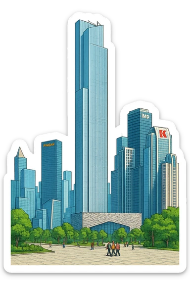 Изометричная, яркая, детализированная, объемная и фотореалистичная иллюстрация башни Guangzhou CTF Finance Centre. В стиле 3D-коллажей городов, насыщенные цвета, аккуратные и чёткие линии, мультяшно-реалистичная стилистика. Чёткие контуры, не размазанные линии, высокое качество, прозрачный фон, не обрезать края картинки sticker
