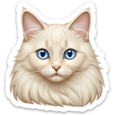 Cinematic Adorable Fluffy Cream Ragdoll Cat Portrait Emoji, Head tilted gracefully with soft, sparkling blue eyes, silky cream-colored fur with subtle darker points on the ears, face, and paws, Simplified yet noble features, highly detailed, glowing with a warm and gentle radiance, high shine, affectionate and poised, stylized with an air of elegance, bright and endearing, soft glowing outline, capturing the essence of a majestic and loving kitty, so dignified it feels like it could spring into action at any moment with grace! sticker