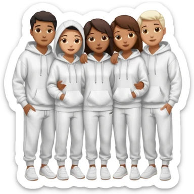 four mixed race friends all wearing white oversized hoodies with the all of the hoods up, white sweatpants, and white slides huddled together hugging sticker