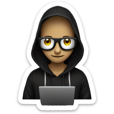 Hacker mexendo com o computador com capuz preto e olhos brancos no fundo preto sticker