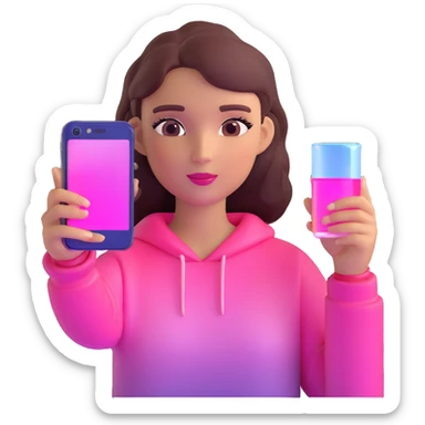 girl taking selfie, transparent glass with bright pink gradient from #FF335F to #FF99AA, highlights and reflections, minimalistic sticker