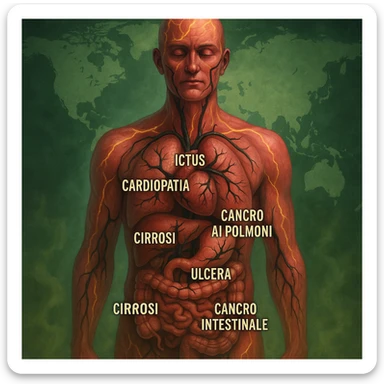 semi-realistic, allegorical human figure with visible organs, black parasites branch to organs, each organ labeled with the disease name in Italian, world map, glowing fissures, green mist sticker