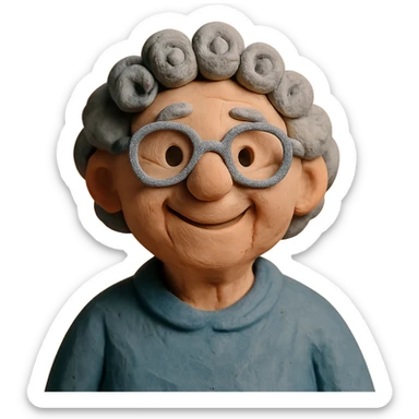 claymation style smiling elderly Caucasian woman, grey curly hair, glasses sticker