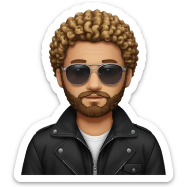 biker gang with black sunglass and rugged and bulky guy bearded curly hair black jacket one gay sticker