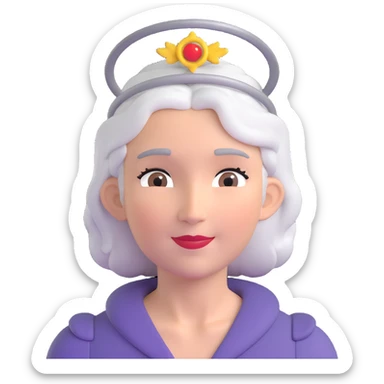 grey-haired woman with a halo sticker