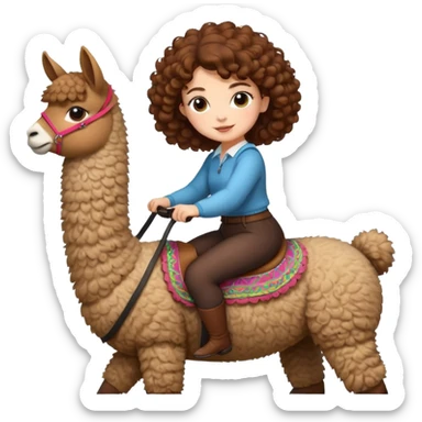 cute woman short tight curly brown hair riding an alpaca sticker