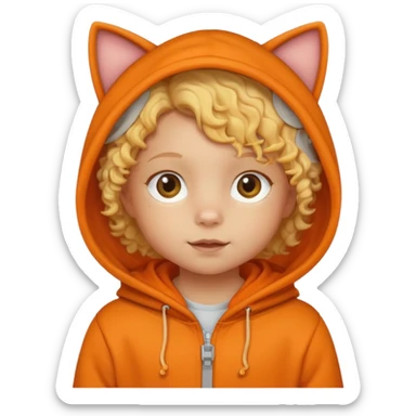 little kid Toddler in orange cat hoodie, curly blonde hair sticker