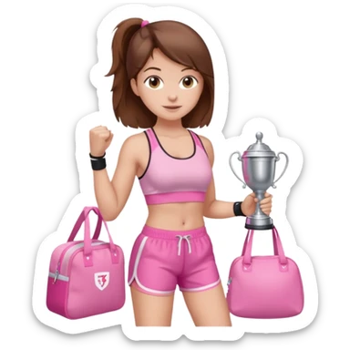Brown hair girl wearing a pink gym set, shorts and gym bra have her holding a Stanley cup and CUTE pink gym bag  sticker
