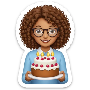 Brown Curly haired girl wearing glasses with a cake sticker