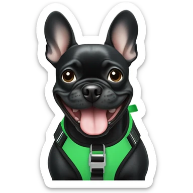 Black frenchie smiling in green harness sticker
