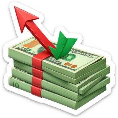stack of banknotes with a red arrow pointing down sticker