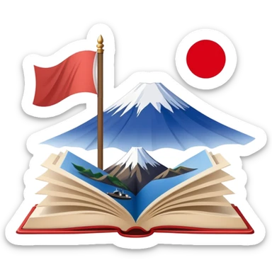 An icon featuring Mount Fuji and the flag of Japan, symbolizing the Japanese language. The design includes an open book with Japanese kanji characters and a traditional Japanese fan, representing language learning and cultural heritage. Transparent background . sticker