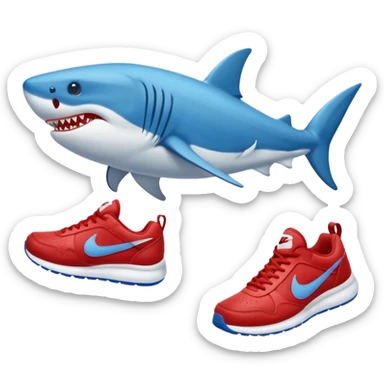 Un tiburón azul con zapatillas Nike rojas, mirando hacia la izquierda y un poco hacia abajo sticker